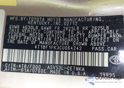 2012 Toyota Camry Le z USA, uszkodzony, nr VIN 4T1BF1FK3CU064242